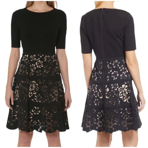 Shani NWT Laser Cut Ponte Fit & Flare Black Nude Dress Size 4 Floral Half Sleeve - Picture 1 of 10